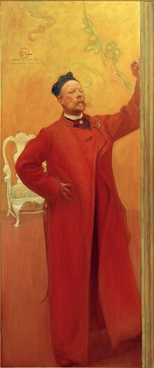 Carl Larsson, Vor dem Spiegel, Selbstporträt (Illustrator,Jugendstil,Kopfbedeckung,Künstler,Maler (Künstler),Mantel,Mann,Selbstbildnis,Künstler Bei Der Arbeit,Portrait,Hausmantel,Schwedische Kunst,Kappe (Kopfbedeckung),Jahrhundertwende,Ganzfigurig,Person)