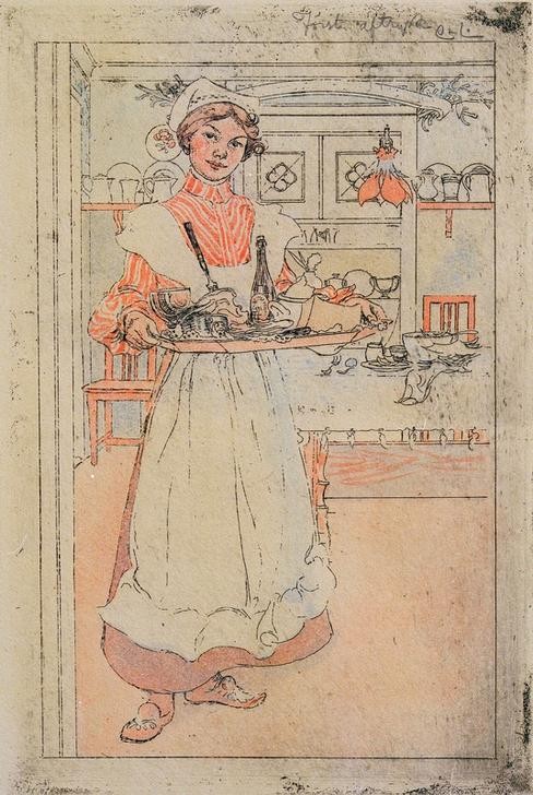 Carl Larsson, Martina mit dem Frühstückstablett (Dienstboten,Essen Und Trinken,Gesellschaft,Jugendstil,Tageszeiten,Morgen,Frühstück,Haube,Schürze,Schwedische Kunst,Tablett,Tragen,Dienstmädchen,Berufskleidung,Frauenleben)