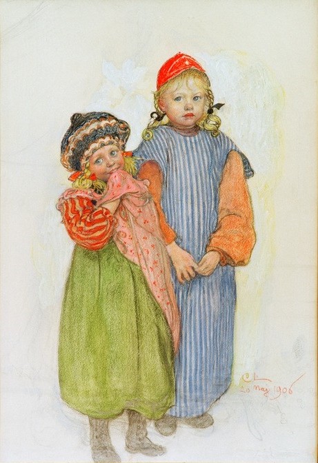 Carl Larsson, Tischler Hellbergs Kinder (Familie,Geschwister,Jugendstil,Kind,Kopfbedeckung,Mädchen,Mensch,Schwester,Portrait,Zopf,Kittel,Schwedische Kunst,Doppelportrait,Mütze)