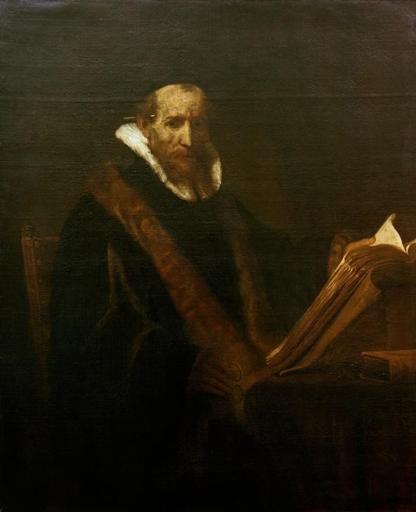 Rembrandt Harmenszoon van Rijn, Bildnis des Johannes Cornelisz. Sylvius (?) (Buch,Kunst,Leser,Mann,Mensch,Pfarrer,Barock,Bibel,Portrait,Lesen (Allgemein),Halskrause,Niederländische Kunst,Holländische Kunst,Calvinismus,Blick Aus Dem Bild,Halbfigur)