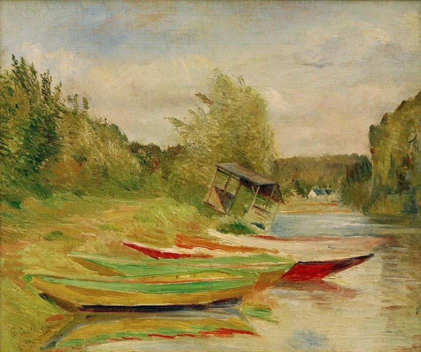 Gustave Caillebotte, Barques et cabane, bord de Seine (Boot,Kunst,Landschaft,Hütte,Impressionismus,Fluss,Französische Kunst,Ufer)