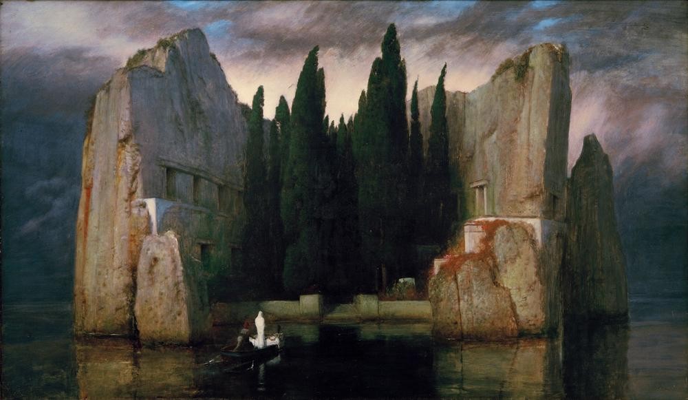 Arnold Böcklin, Die Toteninsel (Insel,Deutsche Kunst,Friedhof,Kahn,Kunst,Landschaft,Nekropole,Ruderboot,Schiff,Tod,Meer,Symbolismus,Allegorie,Melancholie,Baum,Einsamkeit,Rückenfigur,Felsen,Schweizerische Kunst,Zypresse,Leichentransport,Sarg,Ars Moriendi,Totenreich,Jenseitsvorstellungen,)