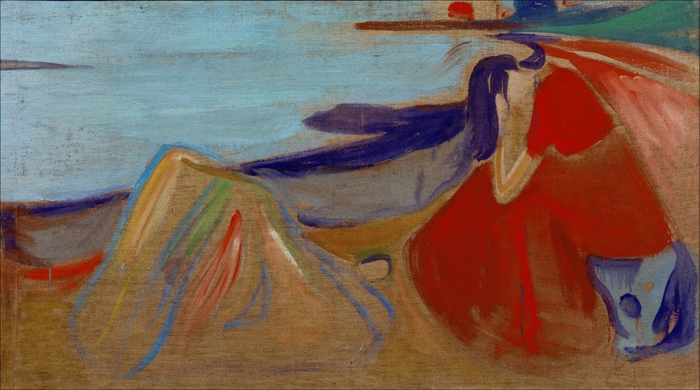 Edvard Munch, Melancholie (Frau,Küste,Kunst,Landschaft,Psychologie,Strand,Depression,Melancholie,Expressionismus,Einsamkeit,Norwegische Kunst,Isolation,Sitzen,Gefühl (Stimmung),Skandinavische Kunst,Kopf Stützen,Geistes- Und Gemütskrankheiten)