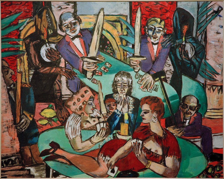 Max Beckmann, Traum von Monte Carlo (Casino, Spieler, Spieltische, surreal, Traum, Expressionismus, Klassische Moderne, Malerei, Wohnzimmer, Treppenhaus, Wunschgröße, bunt)