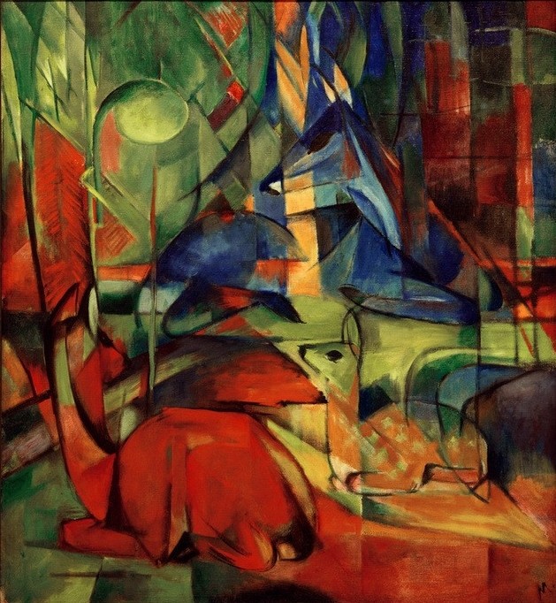 Franz Marc, Rehe im Walde II (Deutsche Kunst,Kunst,Zoologie,Wald,Kubismus,Expressionismus,Der Blaue Reiter,Reh,Rotwild,Tier,Monogramm,Wild,Farbigkeit)