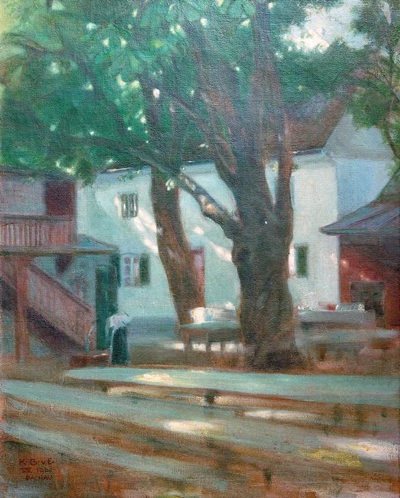 Karl Schmoll von Eisenwerth, Sonnenlichter (Biergarten in Dachau) (Deutsche Kunst,Gartenwirtschaft,Gastronomie,Kunst,Sonnenlicht,Licht Und Schatten,Dachauer Malerschule,Menschenleere)