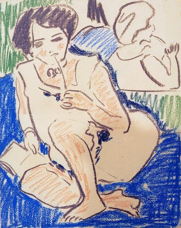 Ernst Ludwig Kirchner, Hockende Dodo mit Buch (Buch,Deutsche Kunst,Frau,Kunst,Mensch,Portrait,Expressionismus,Lesen (Allgemein),Die Brücke,Leserin,Hocken,Ganzfigurig)