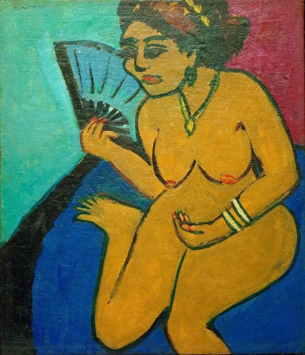 Ernst Ludwig Kirchner, Sitzender Akt mit Fächer (Deutsche Kunst,Fächer,Frau,Akt,Expressionismus,Die Brücke,Exotik,Sitzen)