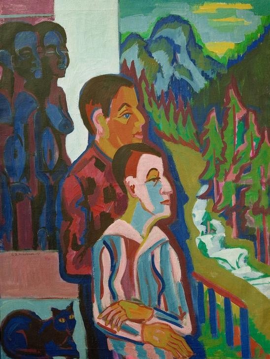 Ernst Ludwig Kirchner, Vor Sonnenaufgang – Selbst mit Erna vor Wildbodenhaus (Balkon,Bildhauer,Deutsche Kunst,Ehepaar,Grafiker,Frau,Gebirge,Katze (Tier),Künstler,Kunst,Landschaft,Liebe Und Ehe,Maler (Künstler),Mann,Mensch,Tageszeiten,Morgen,Selbstbildnis,Portrait,Expressionismus,Künstlerfrau,Sonnenaufgang,Die Brücke,Haustier,Paar,P)