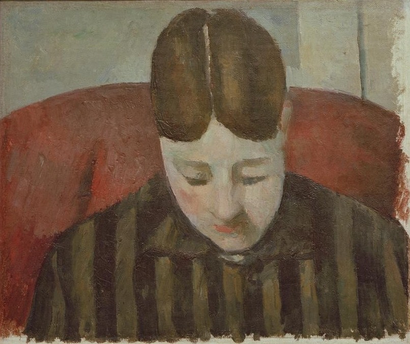 Paul Cézanne, Porträt de Madame Cézanne (Frau,Impressionismus,Ehefrau Von Berühmten,Portrait,Künstlerfrau,Französische Kunst,Mittelscheitel,Streifen,Brustbild,Gesenkter Blick,Person,Frisur)