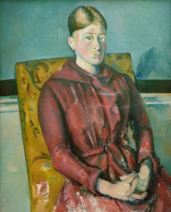 Paul Cézanne, Madame Cézanne au fauteuil jaune (Frau,Impressionismus,Ehefrau Von Berühmten,Portrait,Künstlerfrau,Französische Kunst,Lehnstuhl,Sessel,Sitzen,Mittelscheitel,Hände Im Schoss,Person,Frisur)