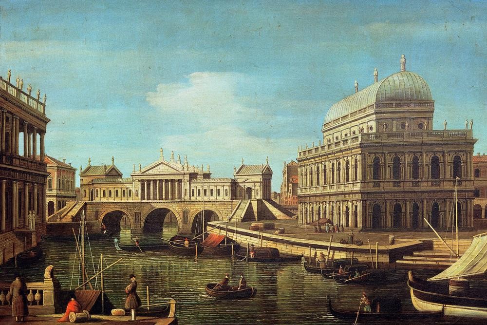 Giovanni Antonio Canaletto, Capriccio mit dem Ponte di Rialto in Venedig nach dem Entwu (Capriccio, Architektur, Städte, Venedig, Vedute, Canal Grande, Brücke, Rialto, Entwurf, Gondeln, Boote, Klassiker, Wunschgröße, Wohnzimmer)