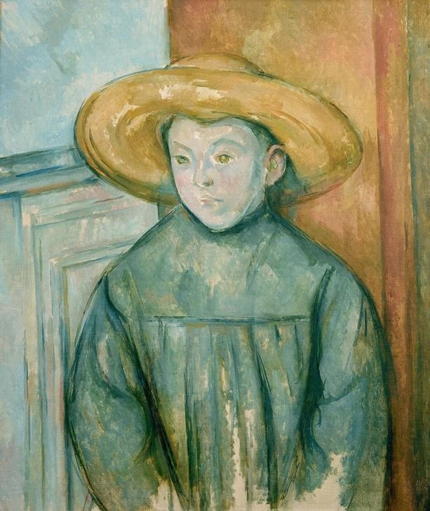 Paul Cézanne, L’enfant au chapeau de paille (Kind,Kopfbedeckung,Mensch,Impressionismus,Hut,Strohhut,Französische Kunst,Halbfigur,Unvollendet)