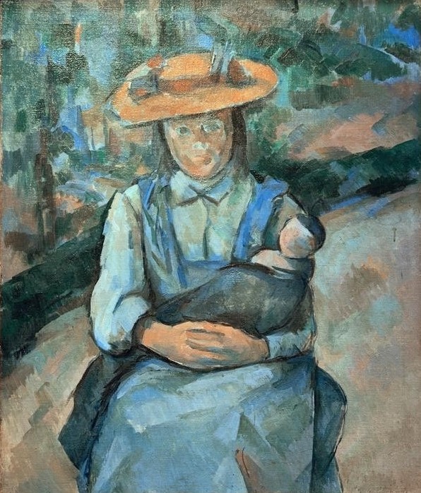 Paul Cézanne, Fillette à la poupée (Kind,Kopfbedeckung,Mädchen,Mensch,Puppe (Gegenstand),Spielzeug,Impressionismus,Hut,Portrait,Strohhut,Französische Kunst,Sitzen,Jahrhundertwende,Kniestück)