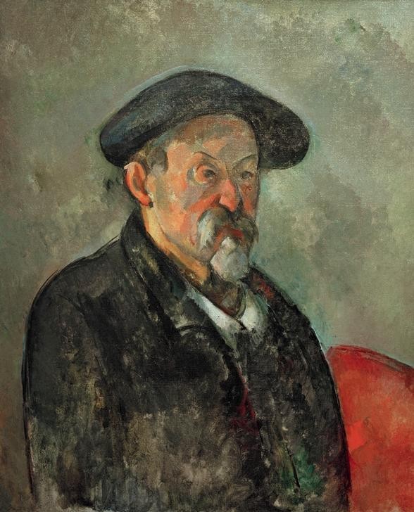 Paul Cézanne, Portrait de l’artiste au béret (Kopfbedeckung,Künstler,Maler (Künstler),Mann,Alter,Impressionismus,Bart,Selbstbildnis,Portrait,Baskenmütze,Französische Kunst,Barett,Jahrhundertwende,Halbfigur,Person)