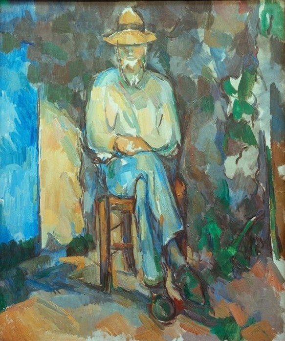 Paul Cézanne, Le Jardinier Vallier (Gärtner,Handwerk Und Gewerbe,Mann,Mensch,Impressionismus,Portrait,Französische Kunst,Im Freien (Allgemein),Sitzen,Ganzfigurig,Unvollendet,Beine (Übereinandergeschlagen),Handwerk)