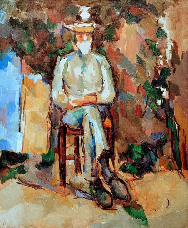 Paul Cézanne, Le Jardinier Vallier (Gärtner,Handwerk Und Gewerbe,Mann,Mensch,Impressionismus,Portrait,Französische Kunst,Im Freien (Allgemein),Sitzen,Ganzfigurig,Unvollendet,Beine (Übereinandergeschlagen),Handwerk)