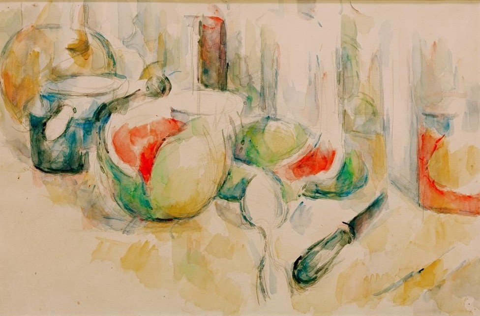 Paul Cézanne, Nature morte avec pastèque entamée (Kunst,Obst,Impressionismus,Stillleben,Messer,Französische Kunst,Gefäss,Jahrhundertwende,Löffel,Wassermelone,Melone (Frucht))