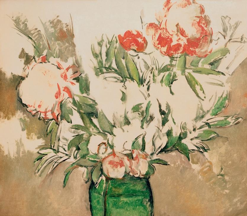 Paul Cézanne, Bouquet de pivoines dans un pot vert (Botanik,Kunst,Impressionismus,Stillleben,Blumenstrauss,Französische Kunst,Gefäss,Blume,Pfingstrose,Unvollendet,Krug)