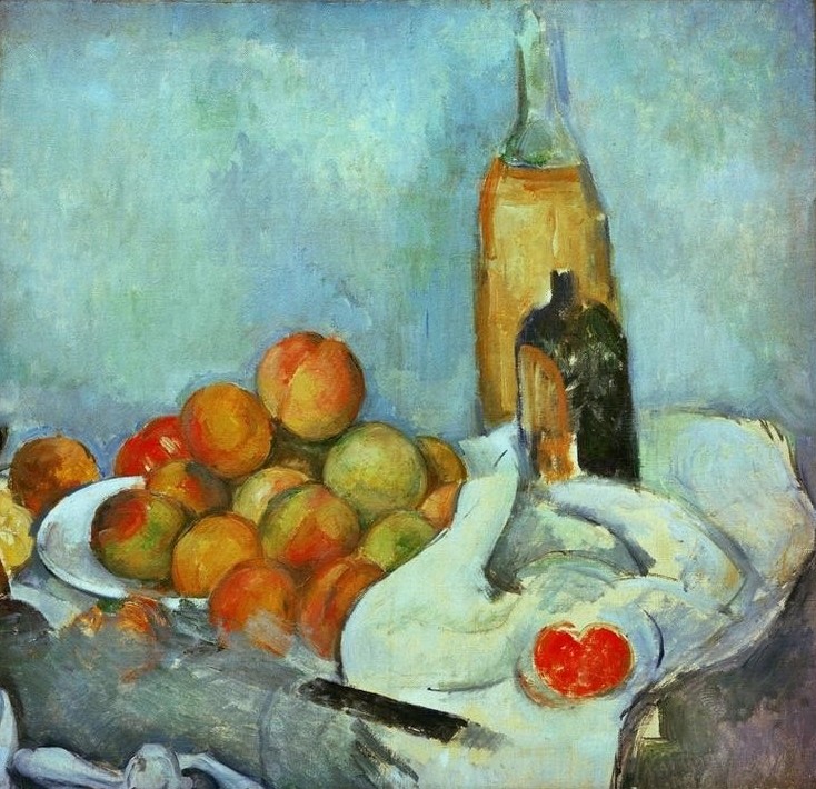 Paul Cézanne, Bouteilles et pêches (Kunst,Obst,Impressionismus,Stillleben,Messer,Teller,Pfirsich,Flasche,Französische Kunst,Serviette)
