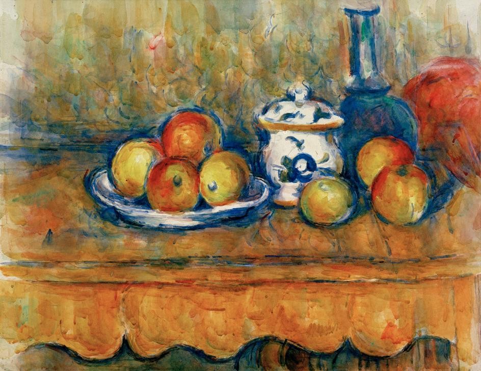 Paul Cézanne, Pommes, carafe et sucrier (Apfel,Kunst,Obst,Impressionismus,Stillleben,Französische Kunst,Zuckerdose,Karaffe,Jahrhundertwende)