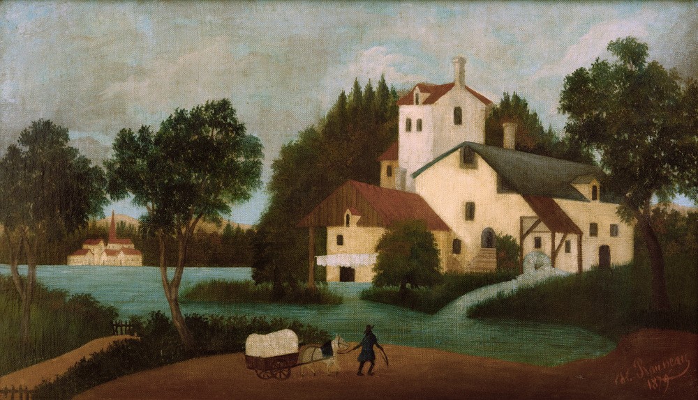 Henri Rousseau, L’Attelage devant le moulin (Landschaft, Mühle, Wassermühle, Wasserkraft, Mühlrad, Fuhrwerk, Landwirtschaft, Naive Malerei, Wunschgröße, Wohnzimmer, Treppenhaus, Malerei, klassische Moderne, bunt)