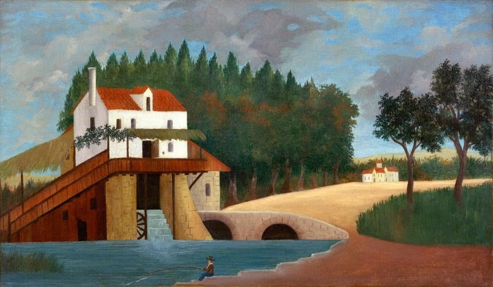 Henri Rousseau, Le Moulin (Landschaft, Mühle, Wassermühle, Fluss, Wasserkraft, Angler, Naive Malerei, Wunschgröße, Wohnzimmer, Treppenhaus, Malerei, klassische Moderne, bunt)