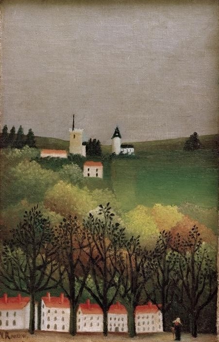 Henri Rousseau, Paysage (Landschaft, Stadt, Turm, Naive Malerei, Wunschgröße, Wohnzimmer, Treppenhaus, Malerei, klassische Moderne, bunt)