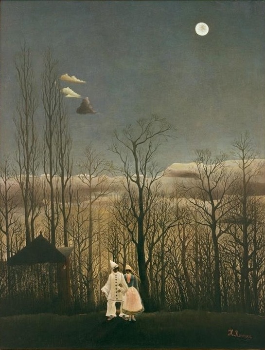 Henri Rousseau, Un soir de carnaval (Februar, Feste, Jahreszeiten, Karneval, Fasching,      Liebespaar, Mond, Winternacht, Harlekin, Heimweg, Naive Malerei, Wunschgröße, Wohnzimmer, Treppenhaus, Malerei, klassische Moderne, bunt)