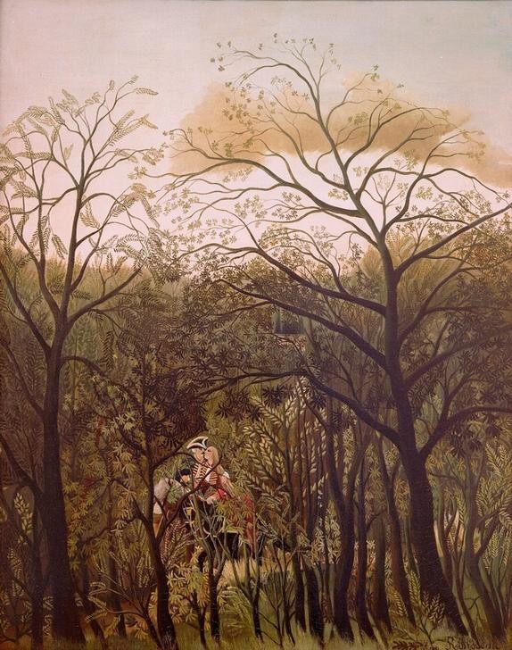 Henri Rousseau, Rendezvous dans la fôret (Wald, Liebespaar, Rendezvous,    Versteck, Bank, Heimlichkeit, Naive Malerei, Wunschgröße, Wohnzimmer, Treppenhaus, Malerei, klassische Moderne, bunt)