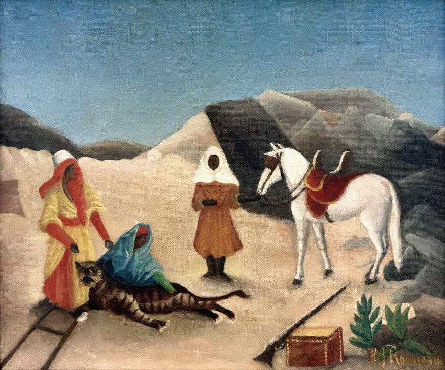 Henri Rousseau, La Chasse au tigre (Jagd, Tiger, Tigerjagd, Raubkatze, Jäger, Pferd, Schimmel, Naive Malerei, Wunschgröße, Wohnzimmer, Treppenhaus, Malerei, klassische Moderne, bunt)