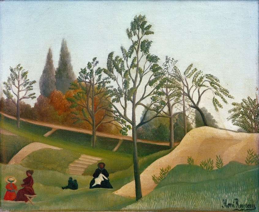 Henri Rousseau, Vue des fortifications (Garten,  Park,  Landschaft,  Mutter und Kind, Baum, Wall, Befestigung, Naive Malerei, Wunschgröße, Wohnzimmer, Treppenhaus, Malerei, klassische Moderne, bunt)