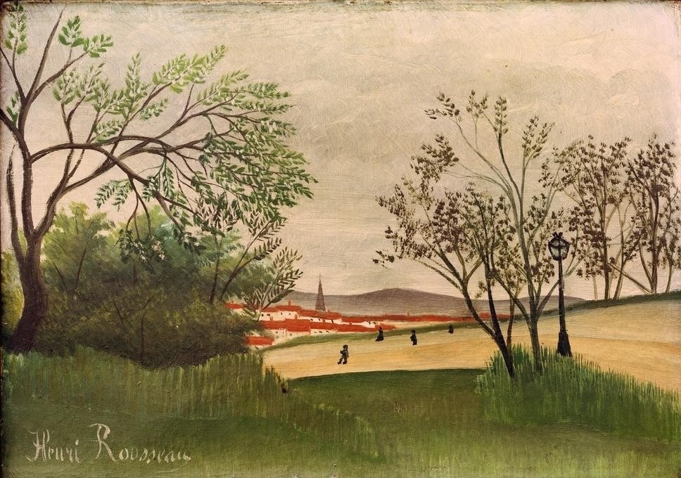 Henri Rousseau, Paysage au clocher (Dorf, Landschaft, Laterne, Wiese, Naive Malerei, Wunschgröße, Wohnzimmer, Treppenhaus, Malerei, klassische Moderne, bunt)