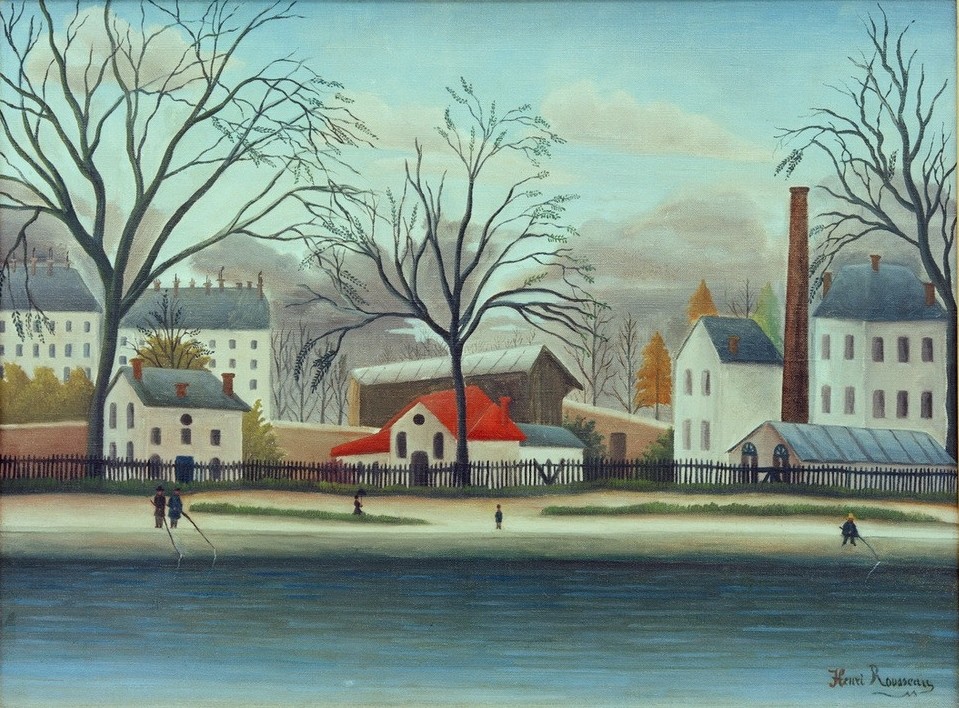 Henri Rousseau, Banlieu (Fluss, Stadt, Vorort, Randzone, Gebäude, Schornstein, Angler, Naive Malerei, Wunschgröße, Wohnzimmer, Treppenhaus, Malerei, klassische Moderne, bunt)