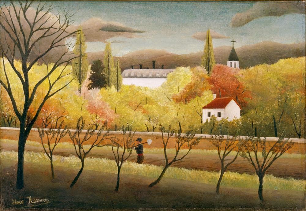 Henri Rousseau, Paysage avec paysan (Landarbeiter, Schaufel, Spaziergang, Landschaft, Kirchturm, Naive Malerei, Wunschgröße, Wohnzimmer, Treppenhaus, Malerei, klassische Moderne, bunt)