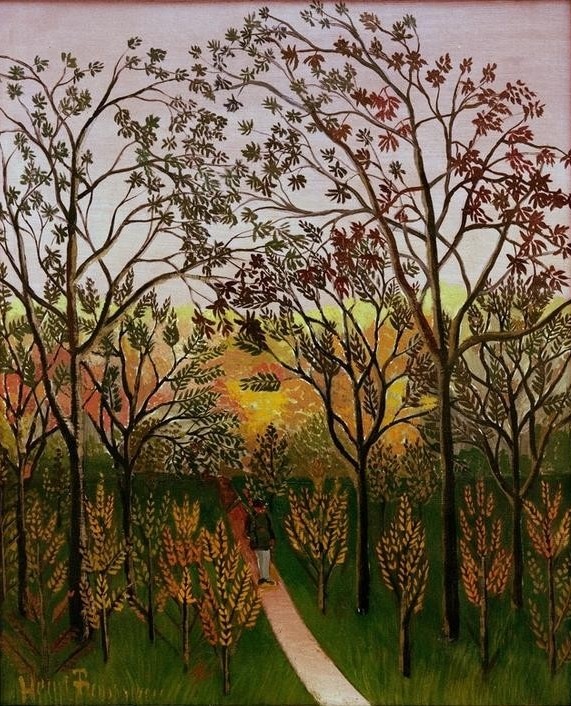 Henri Rousseau, Un coin du plateau de Bellevue (Landschaft, Sonnenuntergang, Spaziergang, Garten, Bäume, Abend, Dämmerung, Naive Malerei, Wunschgröße, Wohnzimmer, Treppenhaus, Malerei,klassische Moderne, bunt)