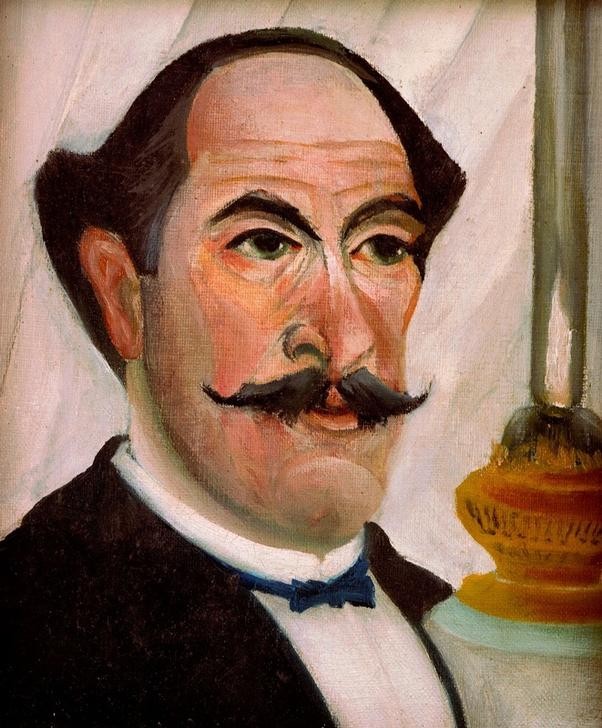 Henri Rousseau, Portrait de l’artiste par luimême à la lampe (Maler, Selbstportrait, Selbstbildnis, Persönlichkeiten, Künstler, Mann, Petroleumlampe, naive Malerei, Wunschgröße, Wohnzimmer, Treppenhaus, Malerei, klassische Moderne, bunt)
