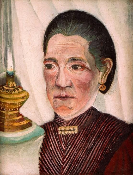Henri Rousseau, Portrait de la seconde femme de l’artiste à la lampe (Künstlergattin, Portrait, Bildnis, Persönlichkeiten,  Petroleumlampe, naive Malerei, Wunschgröße, Wohnzimmer, Treppenhaus, Malerei, klassische Moderne, bunt)