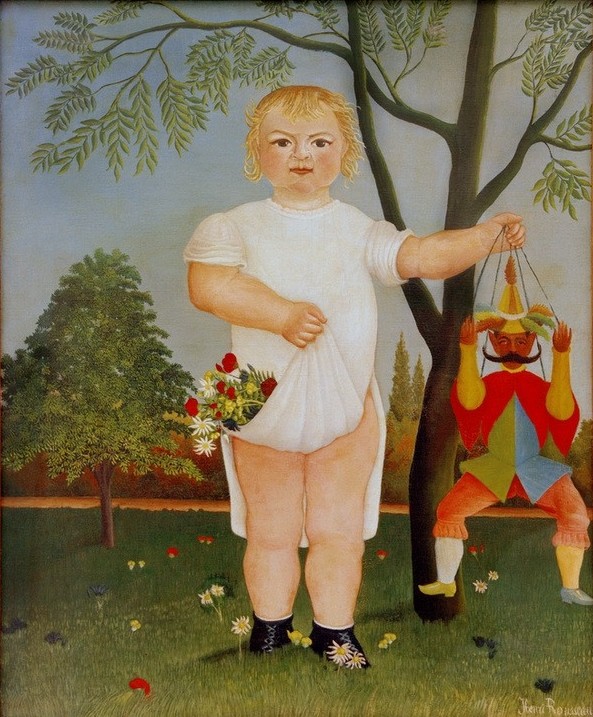 Henri Rousseau, Pour fêter le bébé (Hampelmann, Kind, Mädchen, Hemdchen, Blumenpflücken, Garten, Spielzeug, Marionette, naive Malerei, Wunschgröße, Wohnzimmer, Treppenhaus, Malerei, klassische Moderne, bunt)