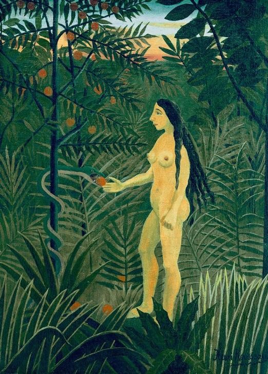 Henri Rousseau, Eve et le serpent (Paradies, Dschungel, Garten Eden, Eva, Schlange, Apfel, Sündenfall, Bibel, Altes Testament, Religion, Christentum, naive Malerei, Wunschgröße, Wohnzimmer, Treppenhaus, Malerei, klassische Moderne, bunt)