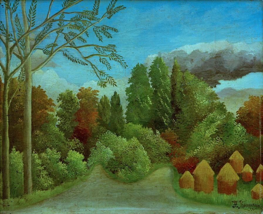 Henri Rousseau, Vue des bords de l’Oise (Landschaft, Wald, Fluss, Ufer, Felder, Heuernte, Tristen, Heuhaufen, naive Malerei, Wunschgröße, Wohnzimmer, Treppenhaus, Malerei, klassische Moderne, bunt)