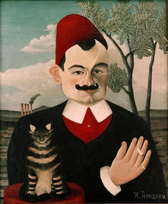 Henri Rousseau, Portrait de Monsieur X (Pierre Loti) (Mann, Türkisch Kleidung, Fez, Katze französischer Schriftsteller, Reisender, Seemann, Zigarette, Schnurrbart, Portrait, naive Malerei, Wunschgröße, Wohnzimmer, Treppenhaus, Malerei, klassische Moderne, bunt)