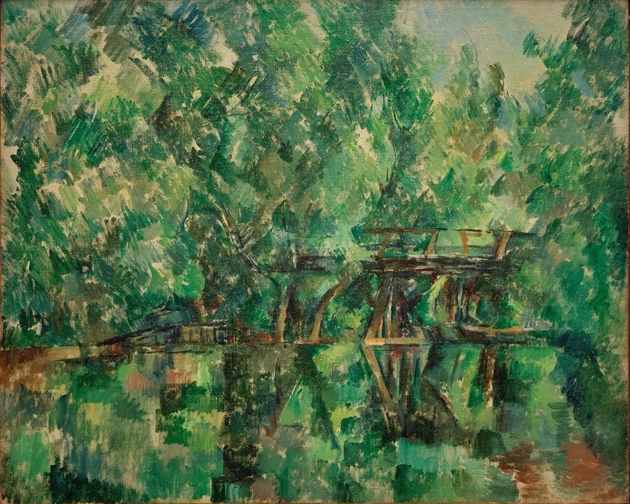Paul Cézanne, Le pont sur l’étang (Brücke,Gewässer,Landschaft,Park,Wald,Impressionismus,See,Spiegelung,Französische Kunst)