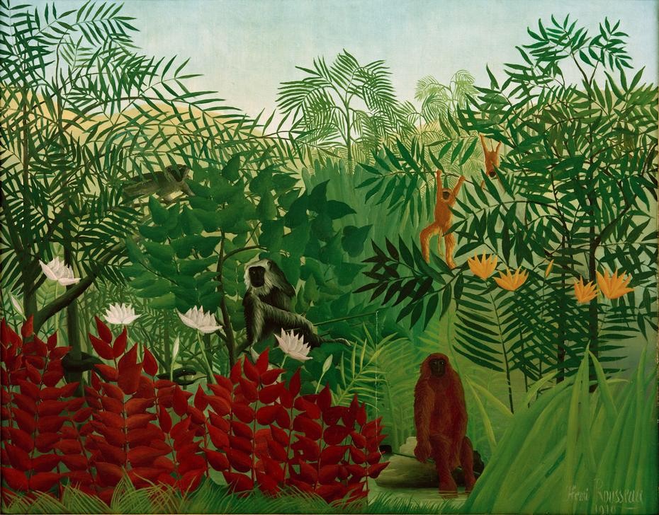 Henri Rousseau, Forêt tropicale avec singes et serpent (Dschungel, Wald, exotisch, Affen, Urwald, magischer Realismus, Wohnzimmer, Treppenhaus, Malerei, Wunschgröße, Klassische Moderne, bunt)