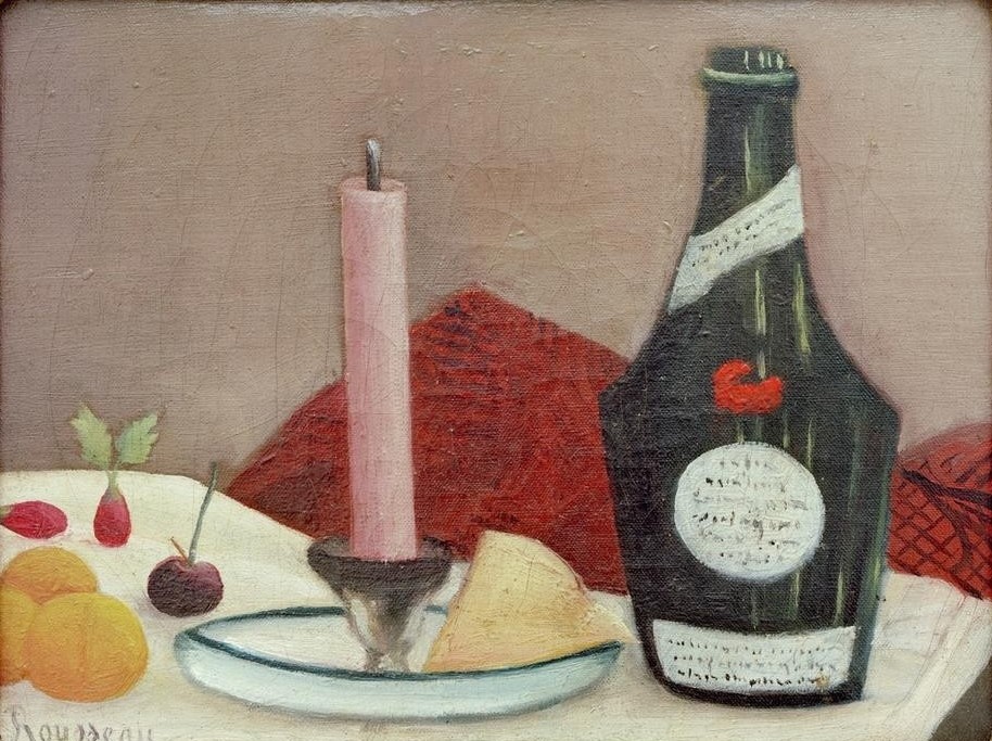 Henri Rousseau, La Bougie rose (Stillleben, Kerze, Kerzenhalter,Flasche, Weinflasche, naive Malerei, Wunschgröße, Wohnzimmer, Treppenhaus, Malerei, Esszimmer, klassische Moderne, bunt)