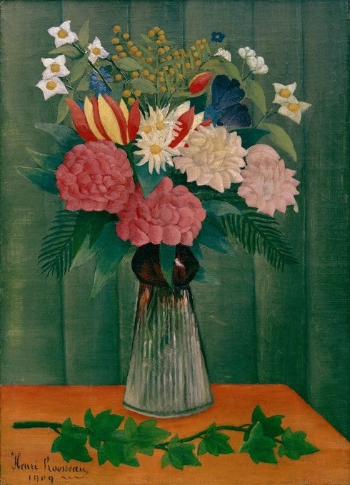 Henri Rousseau, Bouquet des fleurs à la branche de Lierre (Stilleben, Blumen, Blumenvase, Vase, Efeu, Mimose, Begonie, Hortensie, naive Malerei, Wunschgröße, Wohnzimmer, Treppenhaus, Malerei, Esszimmer, klassische Moderne, bunt)