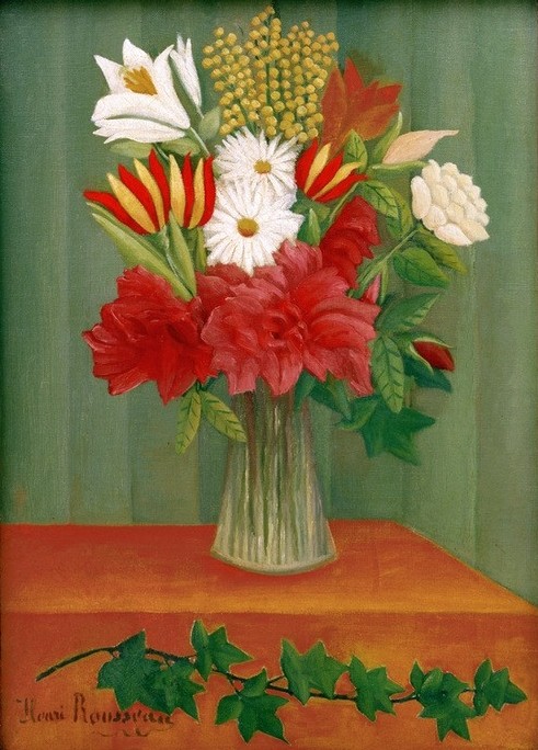 Henri Rousseau, Bouquet des fleurs à la branche de Lierre (Stillleben, Blumenstrauss, Vase, Blumenvase, Mimosen Tulpen,naive Malerei, Wunschgröße, Wohnzimmer, Treppenhaus, Malerei, Esszimmer, klassische Moderne, bunt)