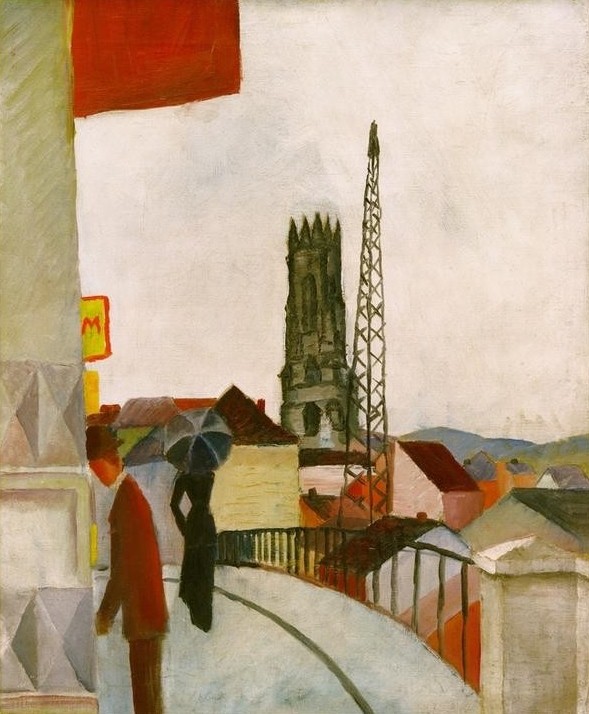 August Macke, Kathedrale zu Freiburg in der Schweiz (Deutsche Kunst,Geographie,Kunst,Spaziergang,Expressionismus,Der Blaue Reiter,Sonnenschirm,Architekturdarstellung,Fussgänger,Kirchturm,Topographie,Sakralbau,Kathedrale)