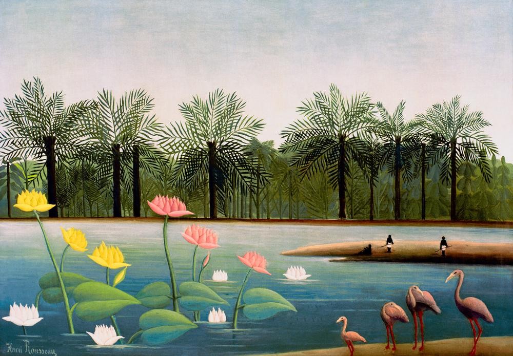 Henri Rousseau, Les Flamants (Landschaft, Palmen, See, Seerosen, Flamingos, Wasservögel, Idylle, tropisch, naive Malerei, Wunschgröße, Wohnzimmer, Treppenhaus, Malerei, klassische Moderne, bunt)