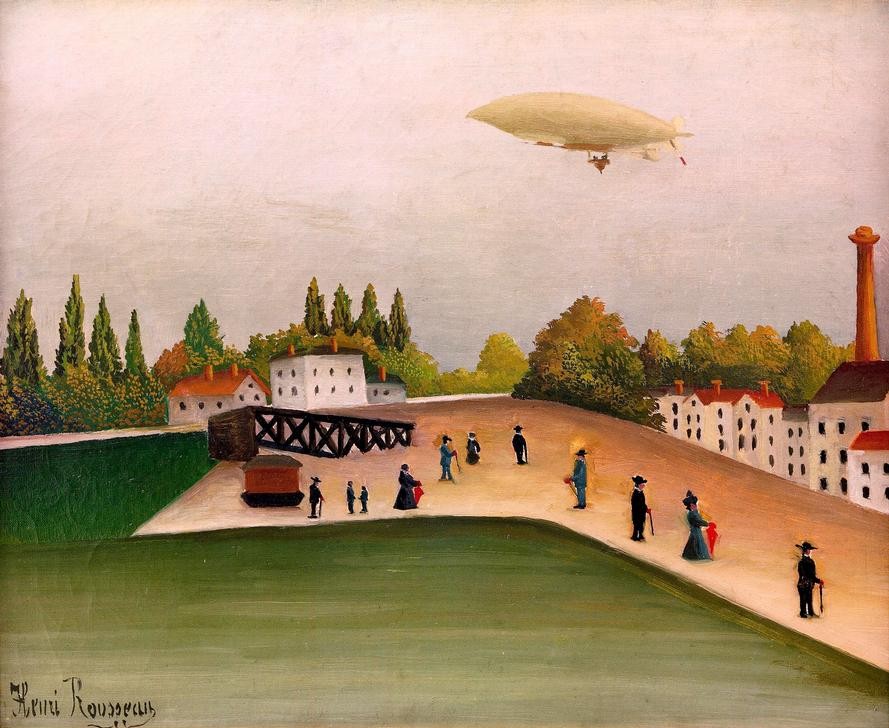 Henri Rousseau, Vue du Quai d’Ivry (Stadt, wiese, Feld, Luftschiff, Fluggerät, Luftfahrt, Zuschauer, naive Malerei, Wunschgröße, Wohnzimmer, Treppenhaus, Malerei, Esszimmer, klassische Moderne, bunt)